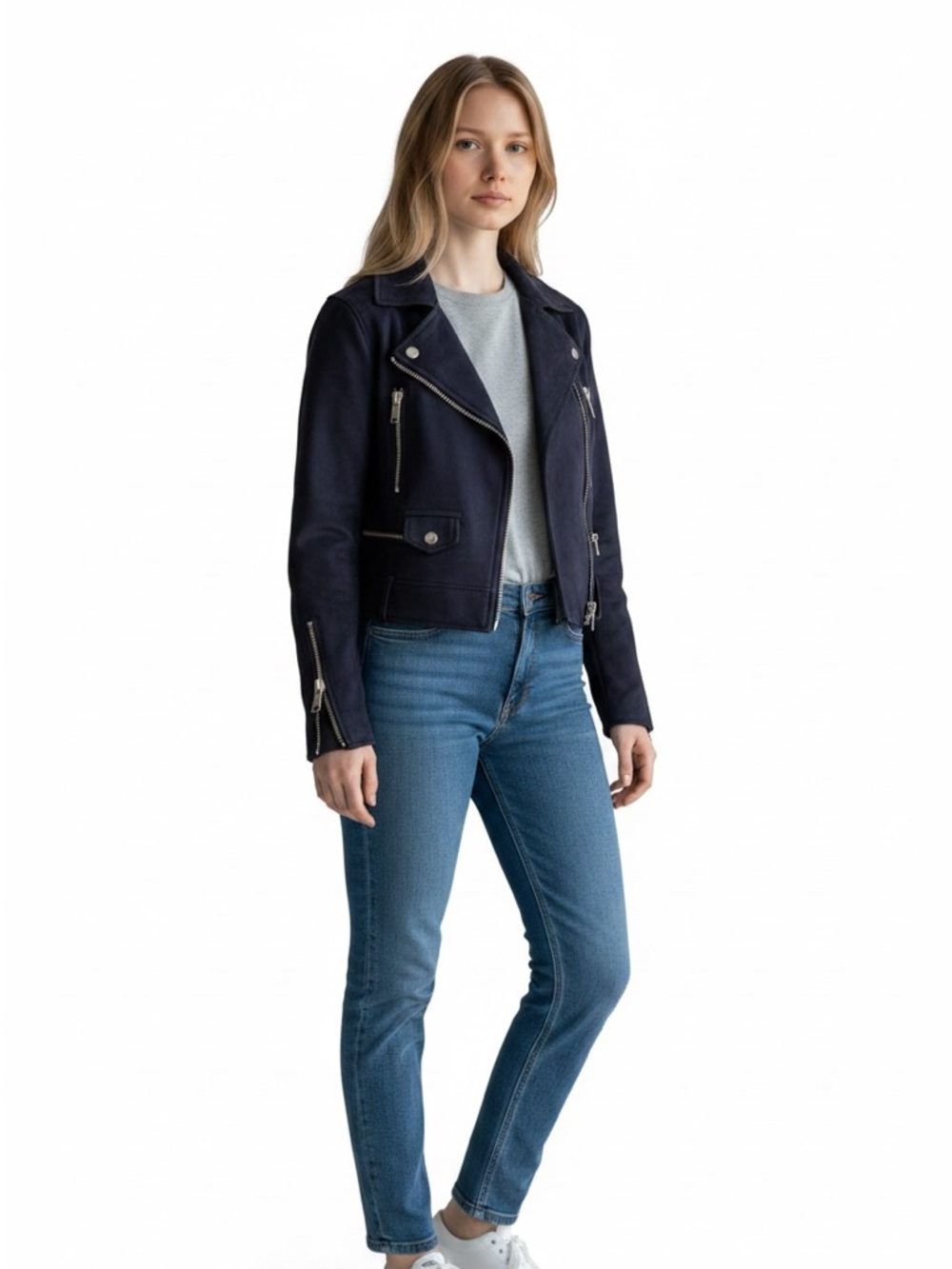 Zara Basics Outerwear jacket perfecto cropped navy blue zippers faux leather XS